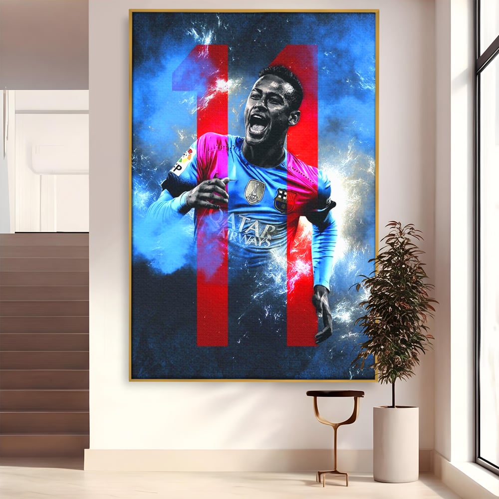 Tablou canvas cu tablou canvas cu fotbalistul neymar, in rama de aluminiu auriu